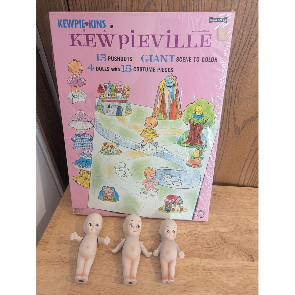 VTG Kewpie Lot- Kewpie-Kins Kewpieville Sealed Activity Set & 3 Kewpie Dolls